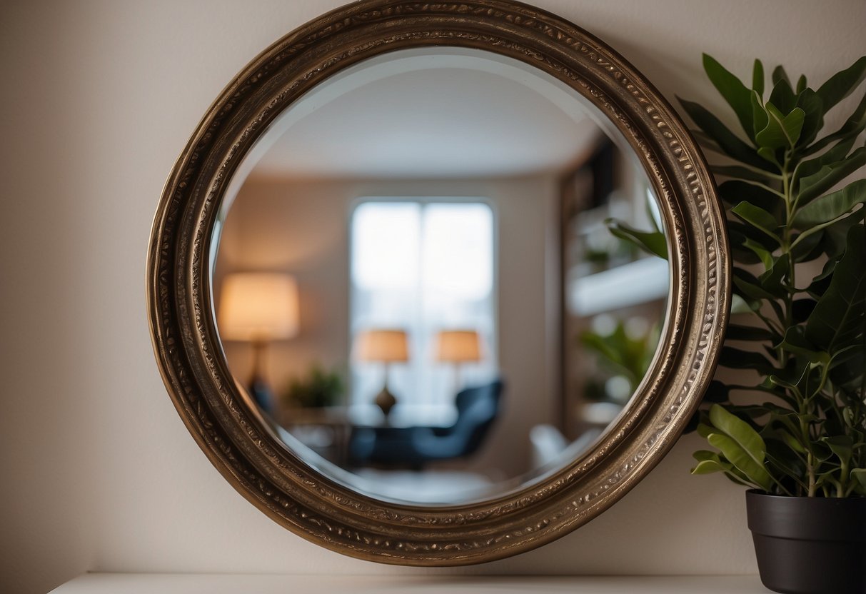 A round mirror with a decorative frame hangs on the wall above a small shelf, reflecting the surrounding room