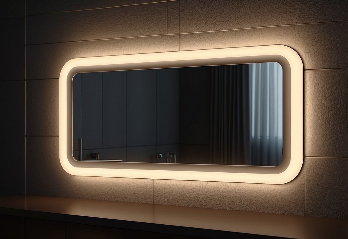 A sleek LED lighted mirror hanging on a wall, illuminating the room with a soft, warm glow