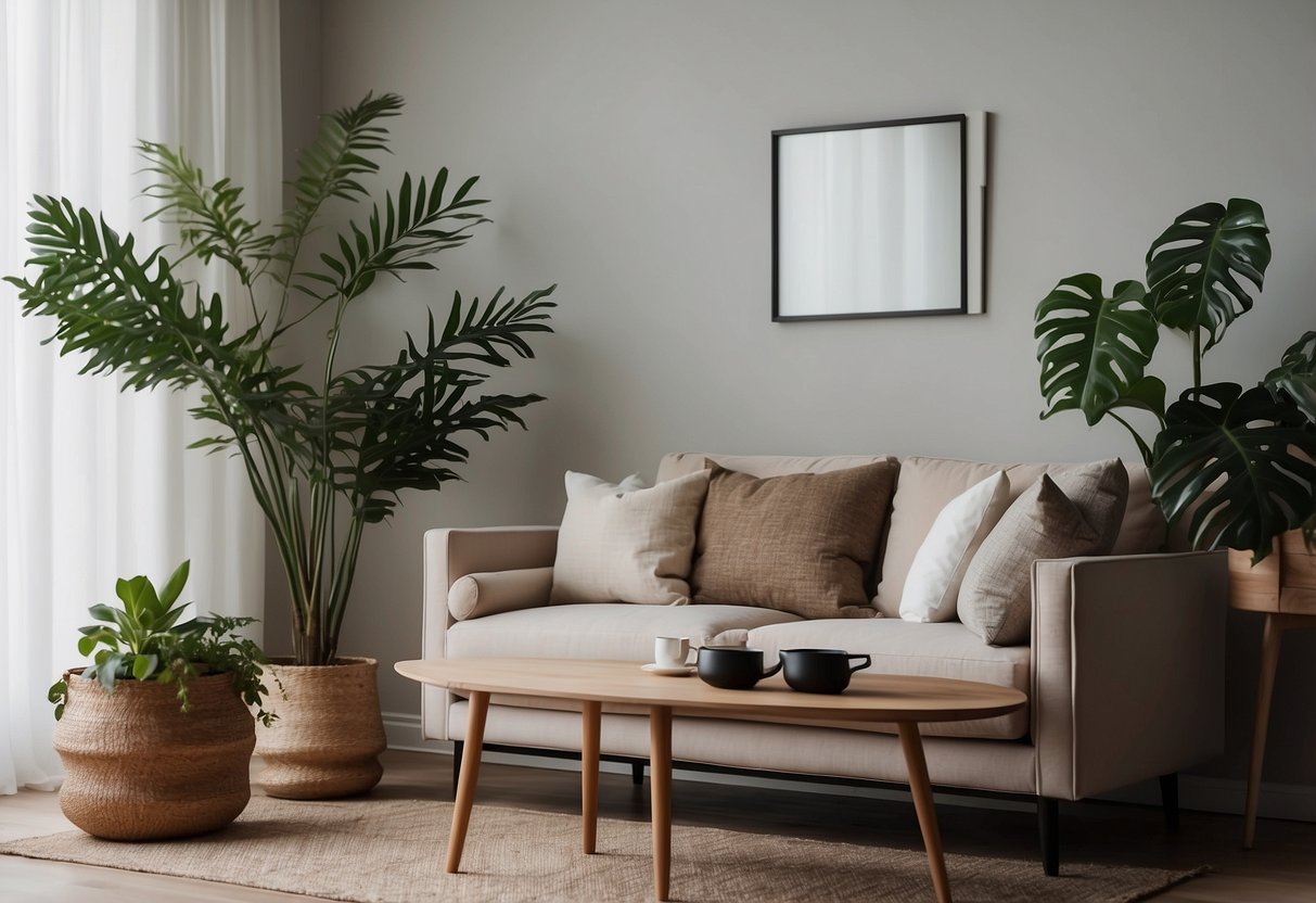 A small, clutter-free living room with a sleek, neutral-colored sofa, a simple coffee table, and a single plant in a minimalist pot