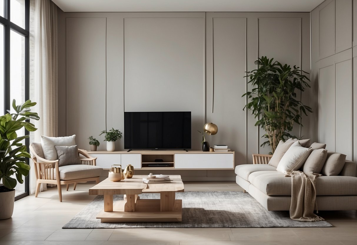 A small, minimalist space with light-colored furniture, clean lines, and a neutral color palette. The decor features simple, functional pieces and plenty of natural light