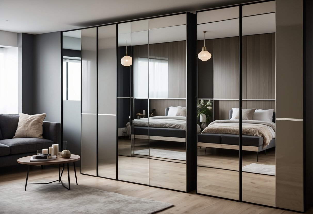 Two mirrored wardrobes in a small, minimalist space with clean lines and neutral colors. The wardrobes reflect the room, creating the illusion of more space