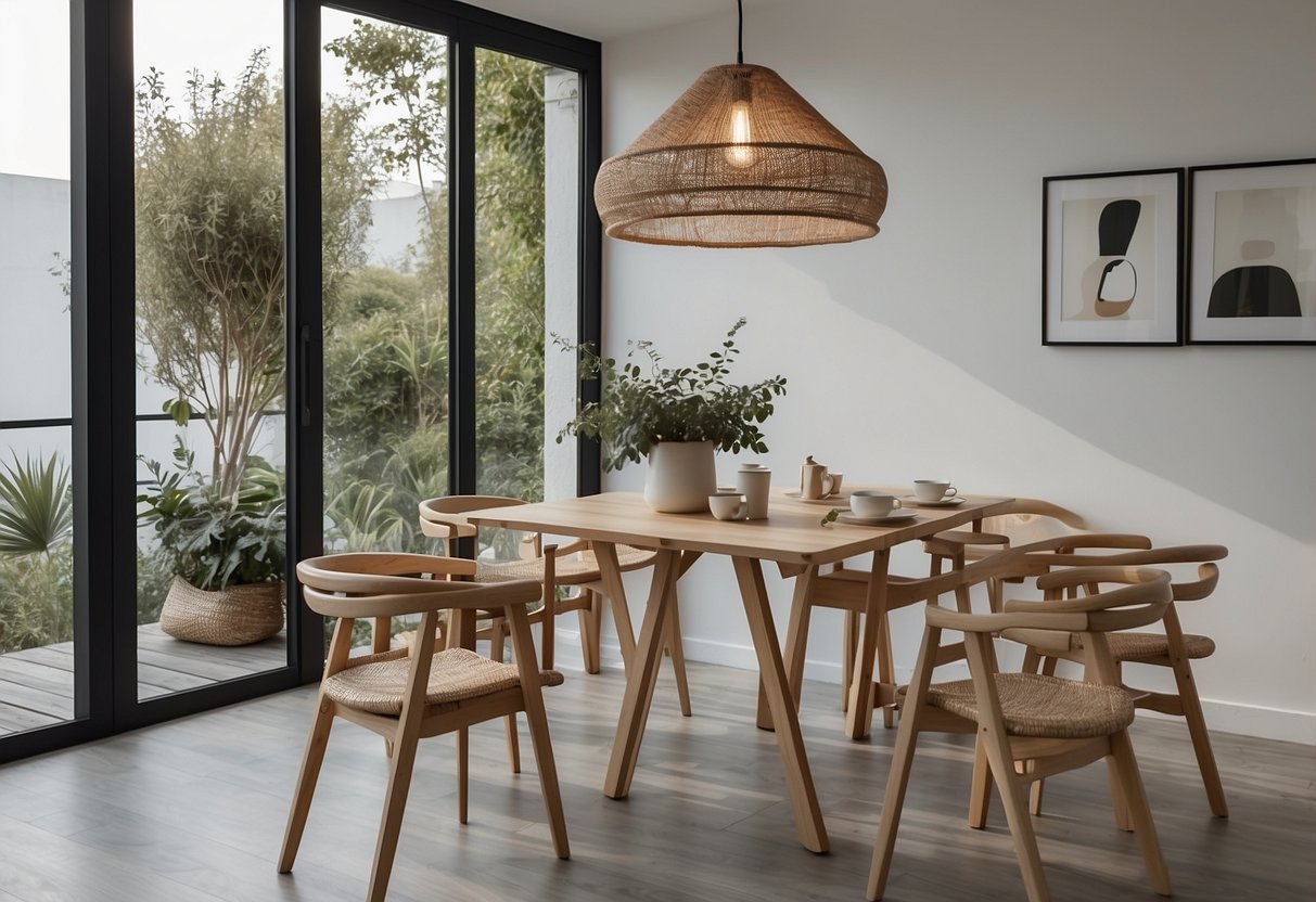 A small, minimalist dining area with a foldable table, surrounded by compact chairs. Clean, modern decor with neutral tones and natural light