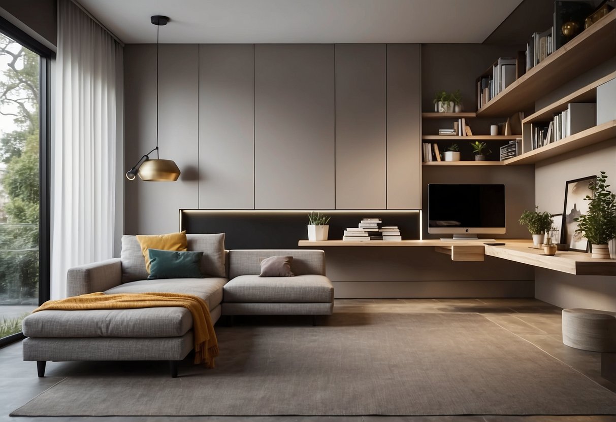 A small room with sleek, multi-functional furniture. Wall-mounted shelves and hidden storage maximize space. Clean lines and neutral colors create a minimalist aesthetic