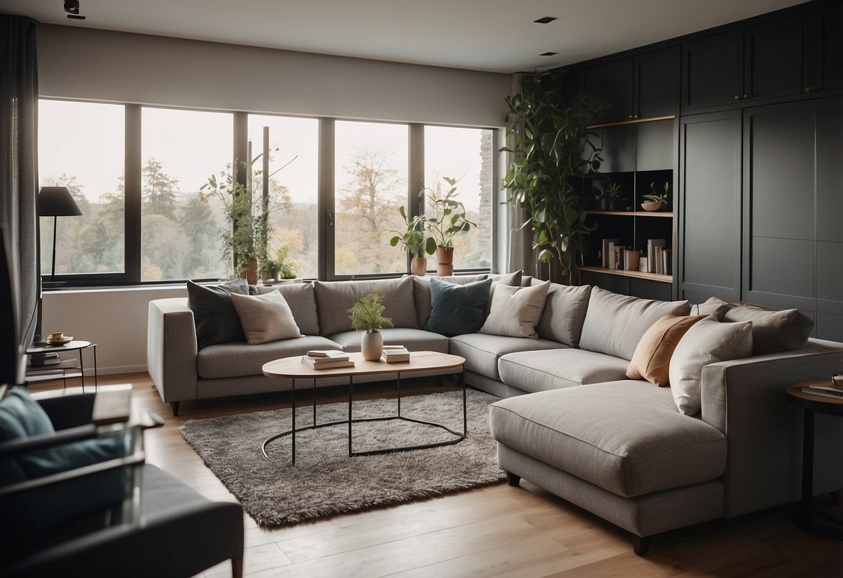 A small living room with a sleek, modern compact sleeper sofa, surrounded by minimalist decor and clever space-saving solutions