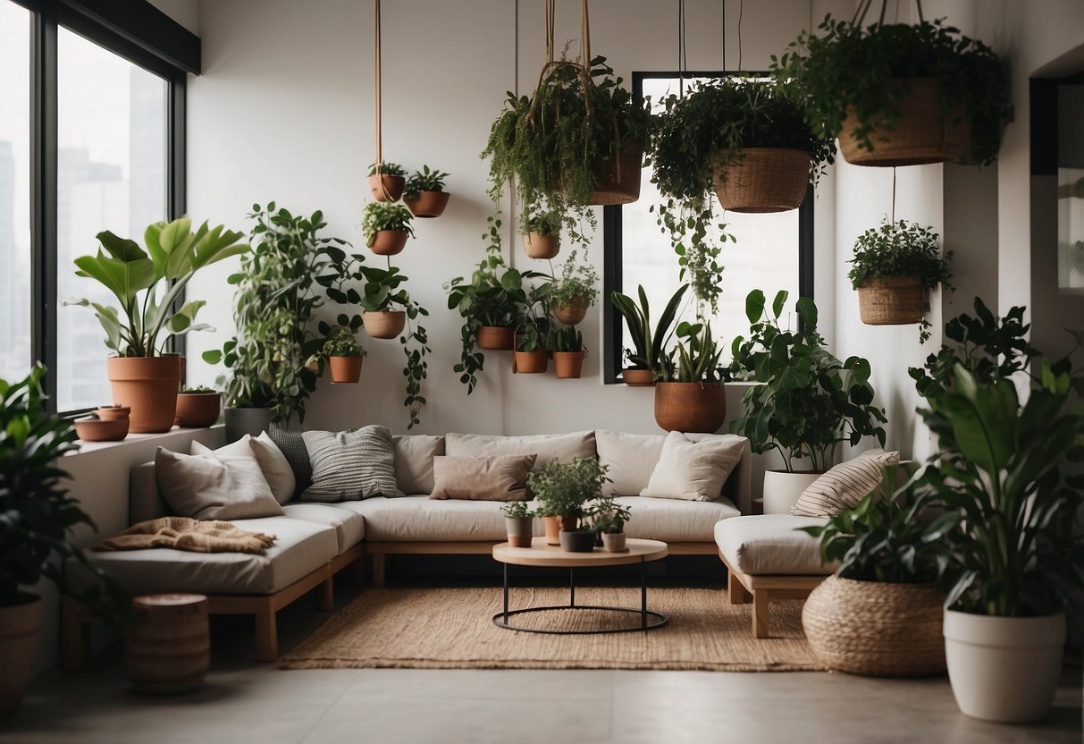 A cozy corner with hanging planters, minimalist decor, and small space furniture