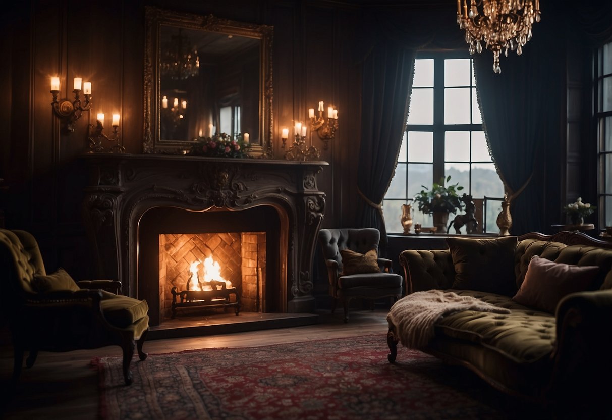 A dimly lit room with deep, rich colors, velvet drapes, and antique furniture. A crackling fireplace casts a warm glow, creating a cozy and mysterious atmosphere