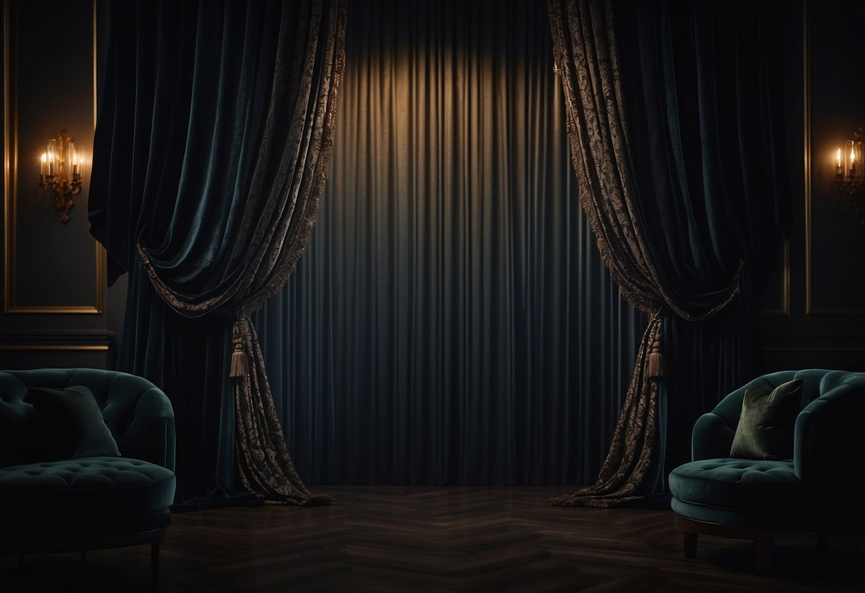 Dark velvet curtains hang heavily, framing a dimly lit room with a moody and luxurious atmosphere