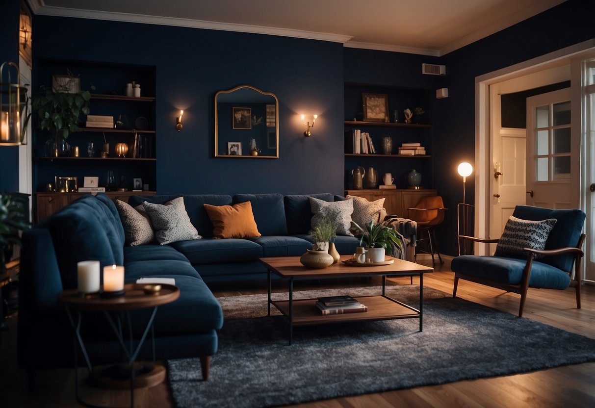 A cozy living room with midnight blue walls, dimly lit by warm lamps. Plush furniture and textured accents add depth to the moody decor