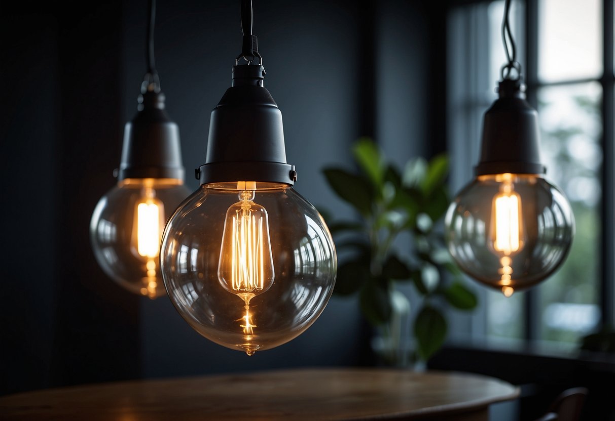 Three smoky glass pendant lights hang above a dark, moody interior, casting a soft, atmospheric glow