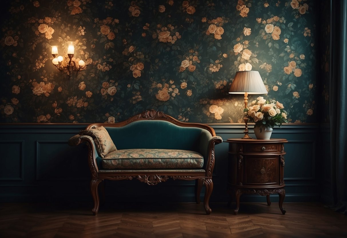 A dimly lit room with dark, rich floral wallpaper, casting shadows on vintage furniture and ornate decor