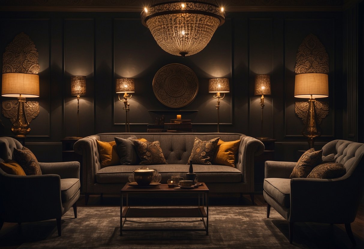 A dimly lit room with rich, textured fabrics and intricate patterns on the walls and furniture, creating a moody and atmospheric ambiance