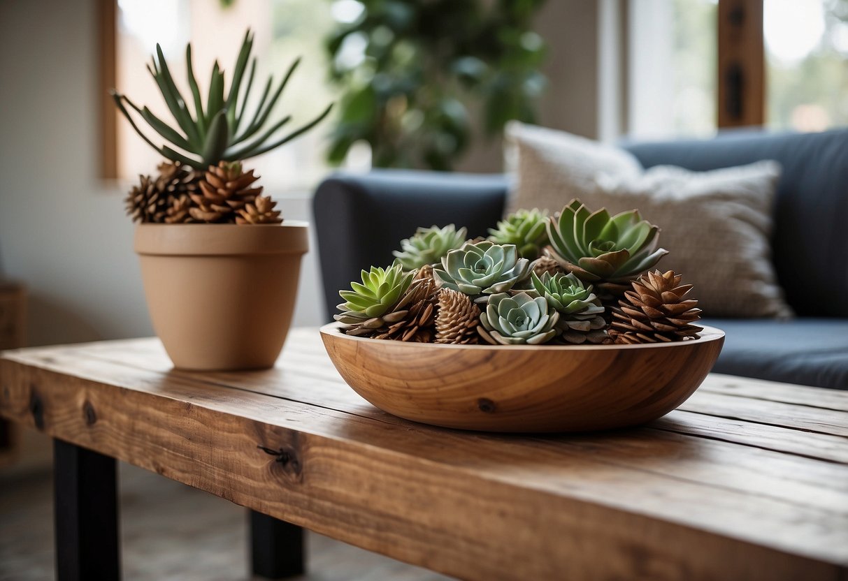 A cozy living room with a reclaimed wood coffee table, a wooden shelf adorned with succulents, and a hand-carved wooden bowl filled with decorative pine cones