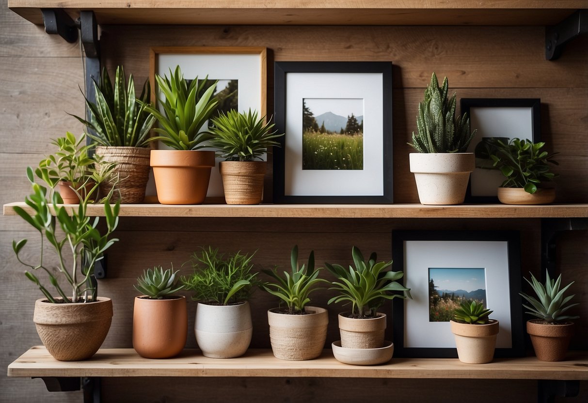 A collection of handmade wooden picture frames arranged on a rustic wooden shelf, surrounded by potted plants and natural home decor elements