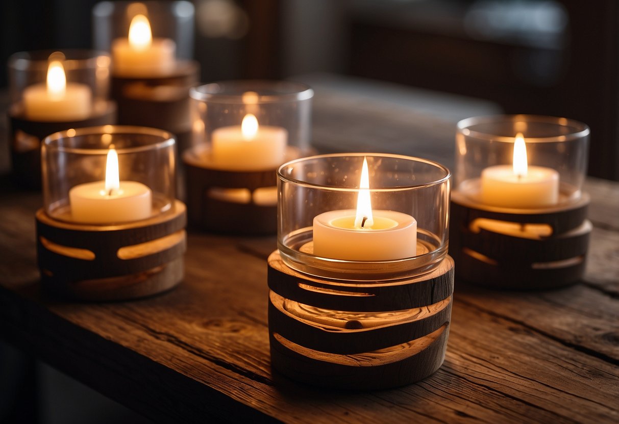 Vintage wooden candle holders arranged on a rustic wooden table with soft candlelight illuminating the room