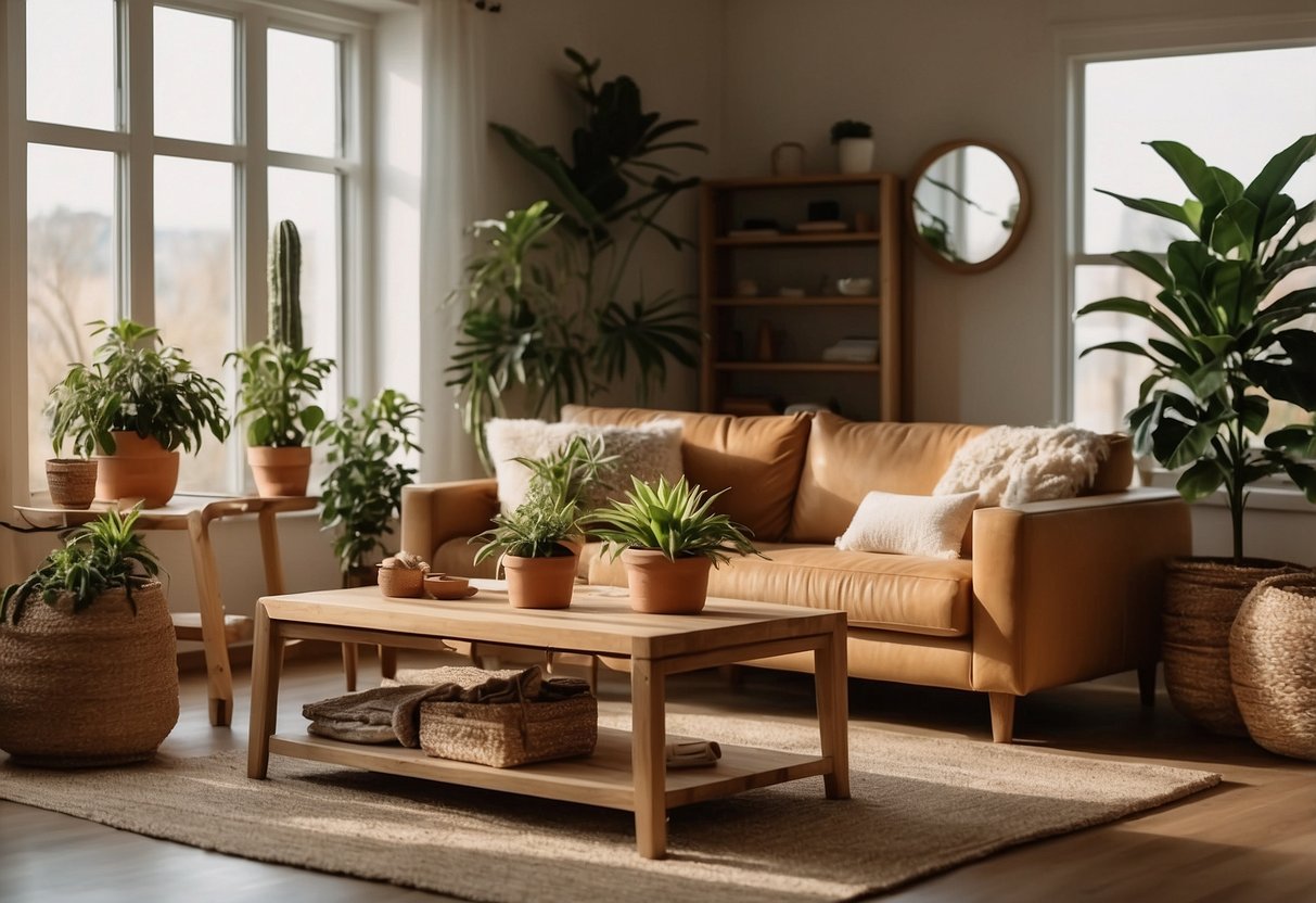 A cozy living room with natural wood furniture, warm lighting, and potted plants. The room exudes a sense of comfort and connection to nature