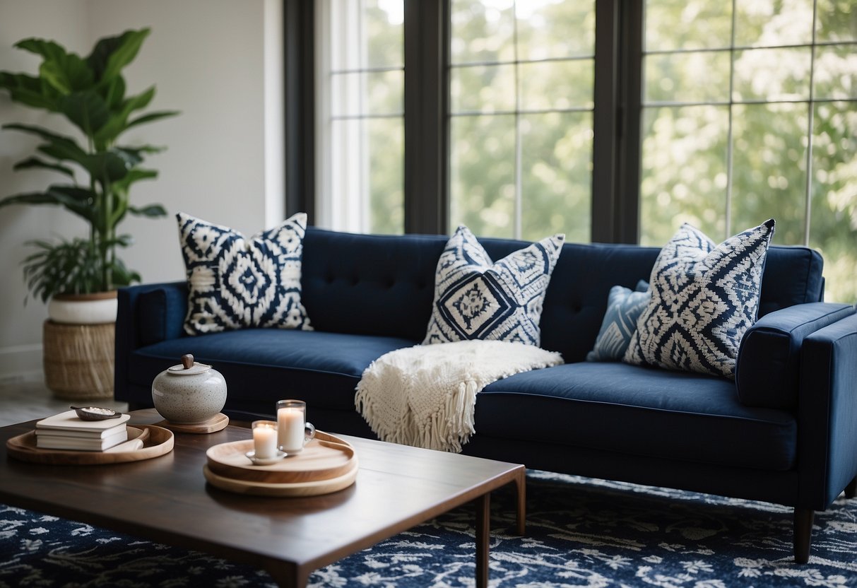 A navy blue sofa with white throw pillows, a white coffee table with navy blue accents, and a navy blue and white patterned rug