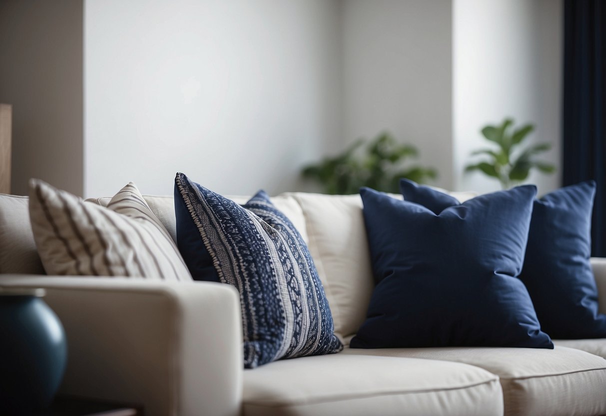 Navy blue accent pillows on a white sofa in a modern living room