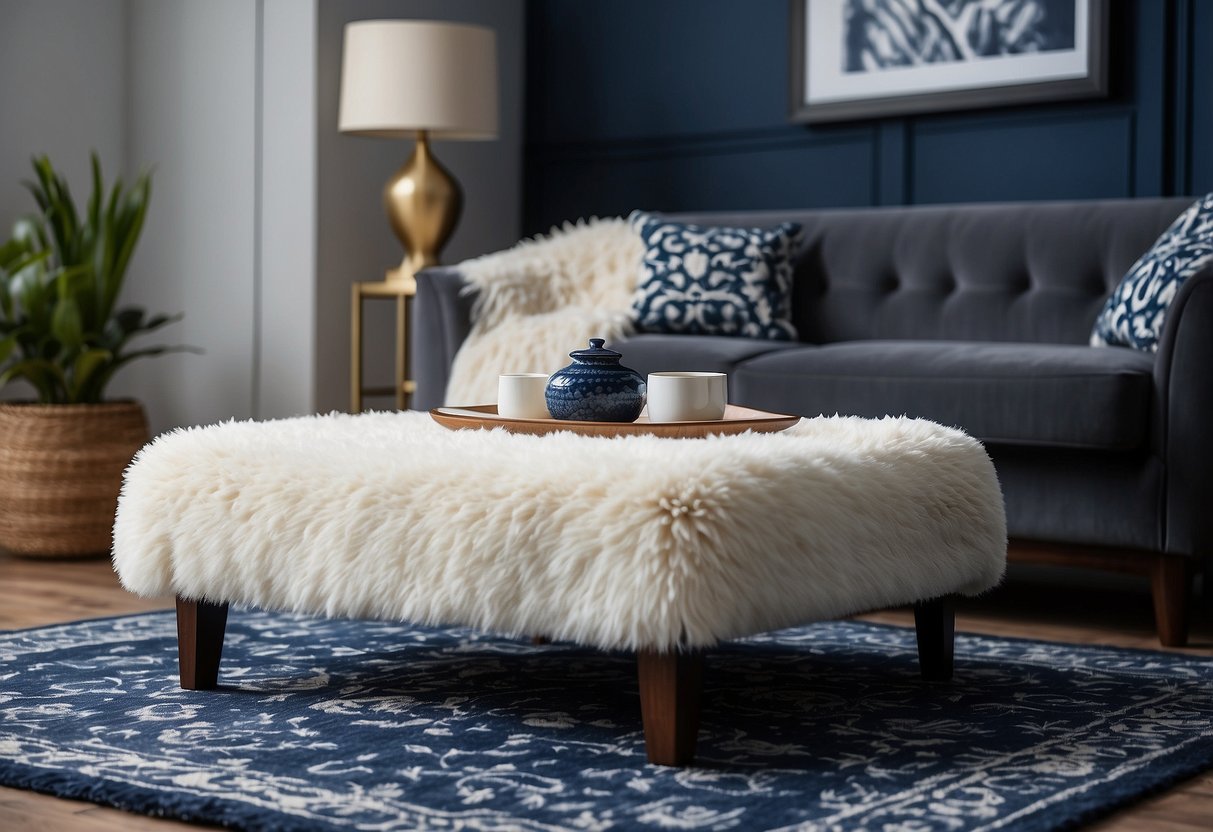 A white shag rug sits in a room with navy blue and white decor, creating a cozy and stylish atmosphere