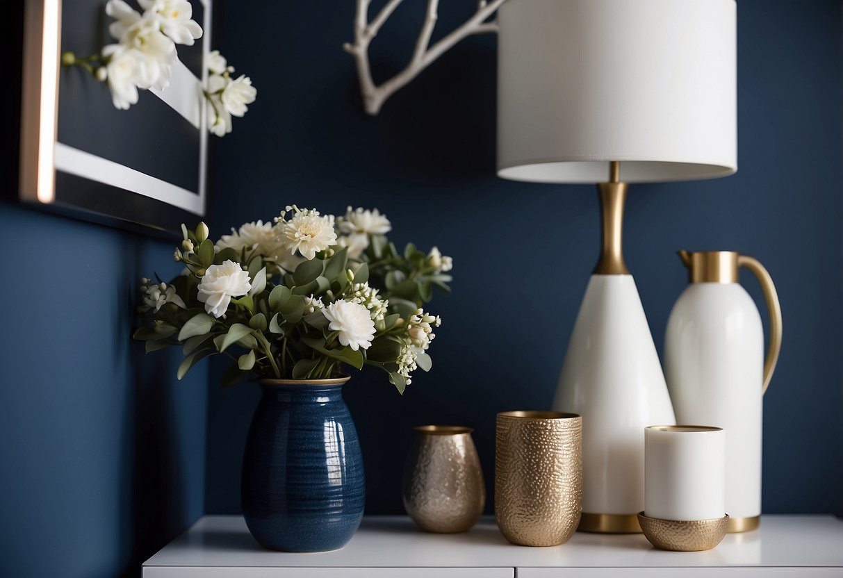 A navy blue wall adorned with white home decor, creating a stylish and calming atmosphere