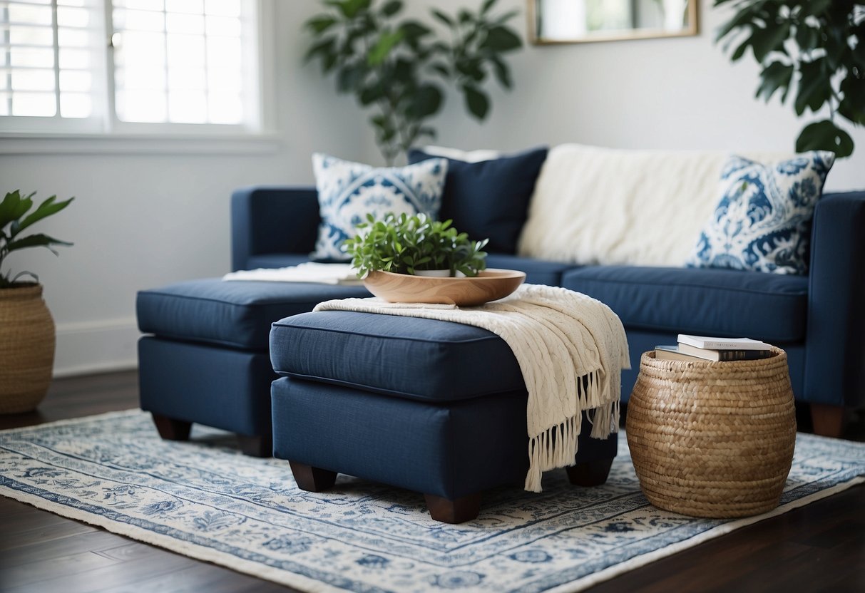 A navy blue ottoman sits in a white room, surrounded by navy blue and white home decor accents