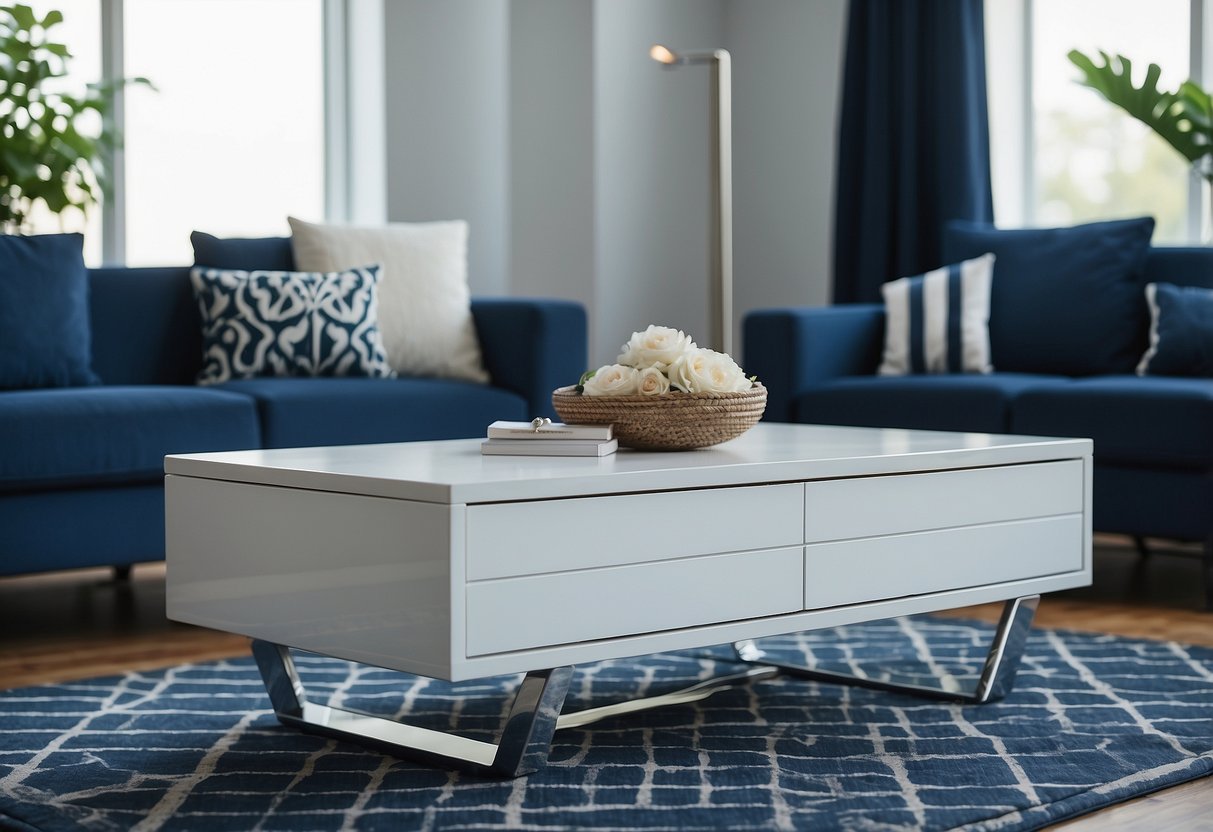 A white wooden coffee table sits in a room with navy blue and white decor