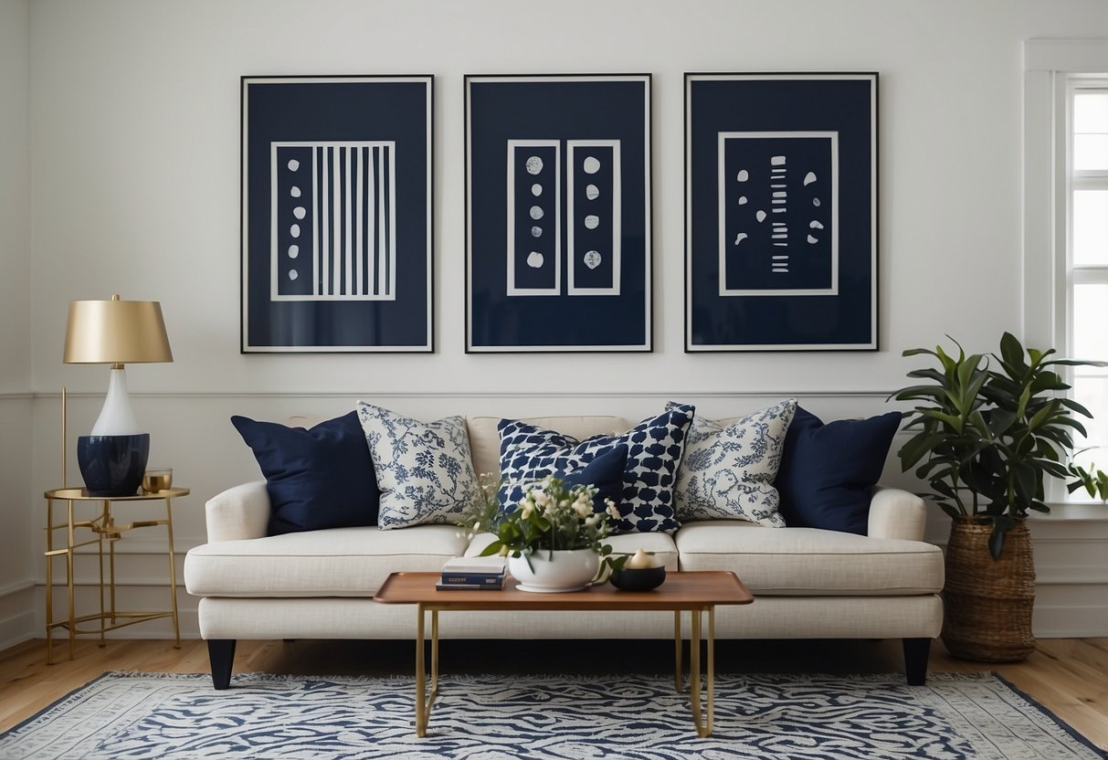 A cozy living room with navy blue and white accents, featuring a plush sofa, a geometric patterned rug, and a gallery wall of framed artwork