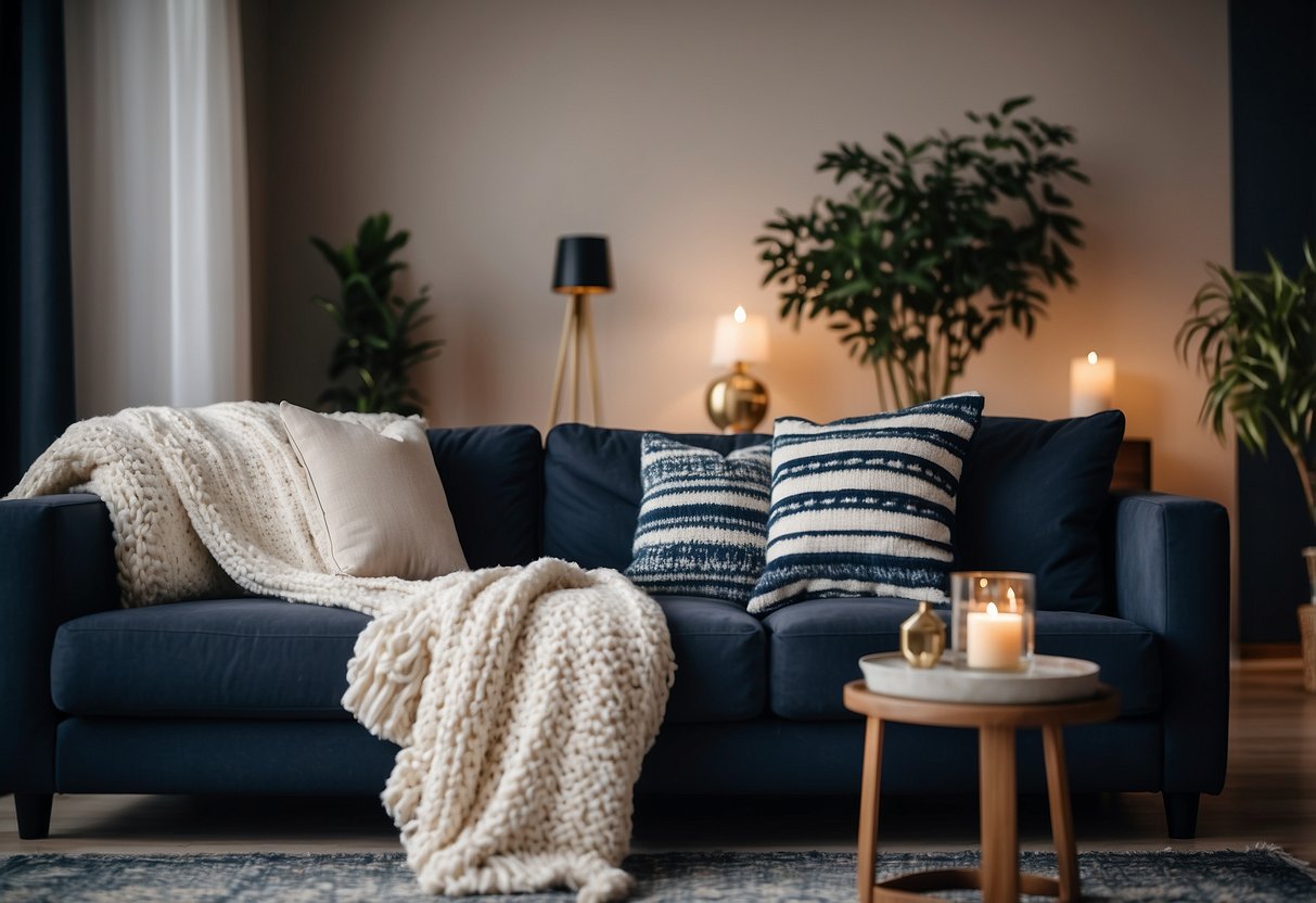 A cozy living room with navy blue and white throw pillows on a plush sofa, a textured area rug, and a knitted throw blanket draped over the armrest