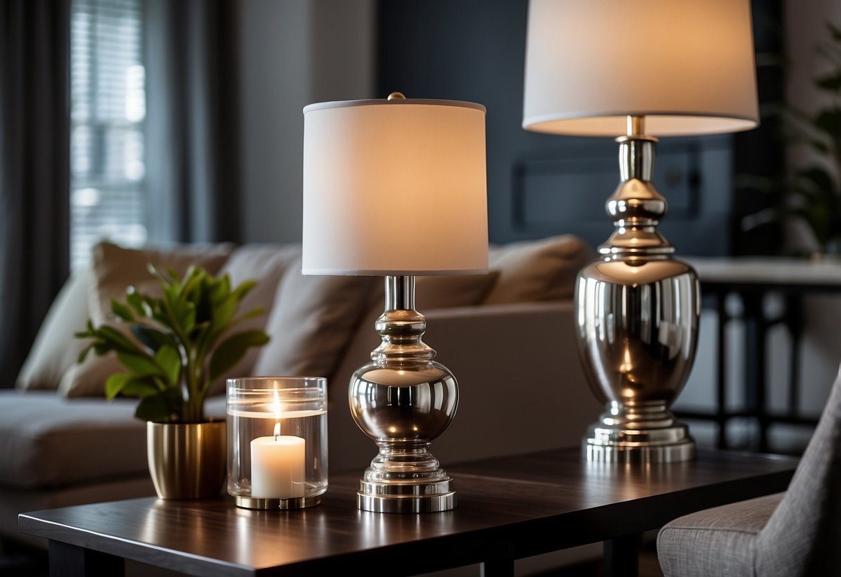 A sleek, polished nickel table lamp illuminates a modern living room, casting a warm glow on a matching set of candle holders and picture frames