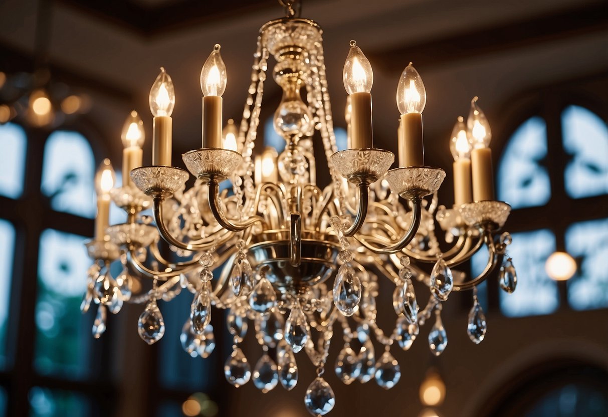 A grand polished nickel chandelier hangs from the high ceiling, casting a warm glow over the elegant home decor