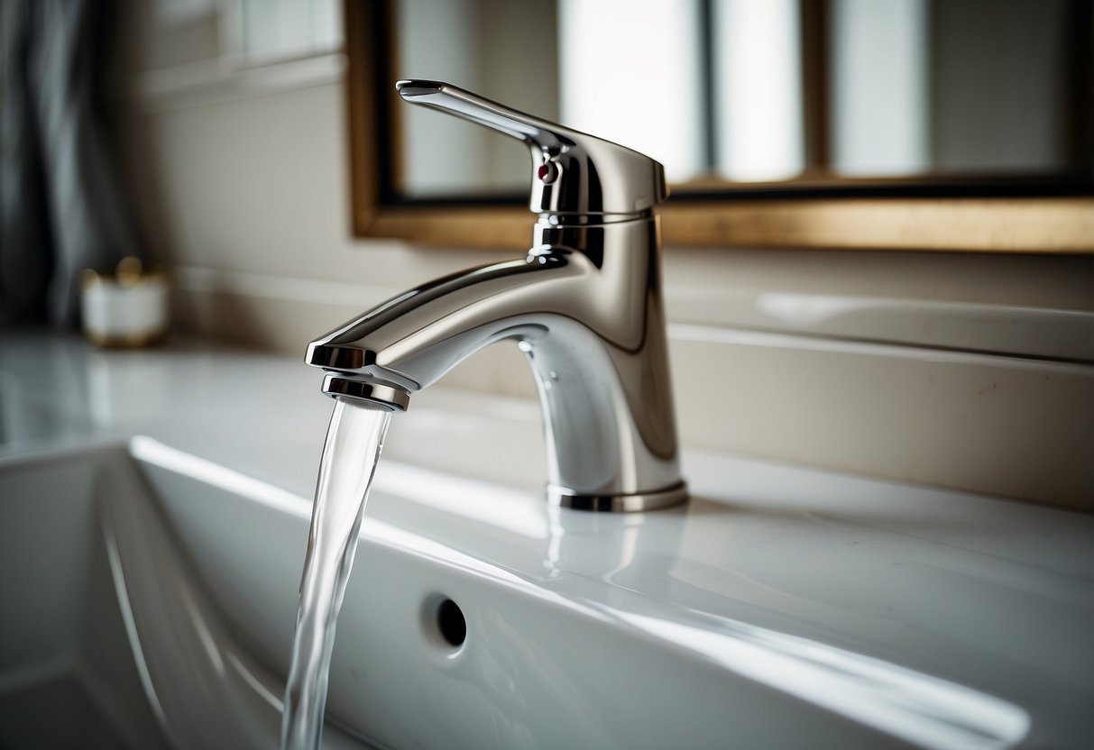 A sleek, polished nickel bathroom faucet gleams in the soft light, adding a touch of modern elegance to the clean, minimalist decor