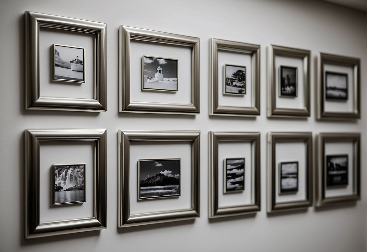 A collection of polished nickel picture frames arranged on a clean, white wall. The frames reflect the light, adding a touch of elegance to the room