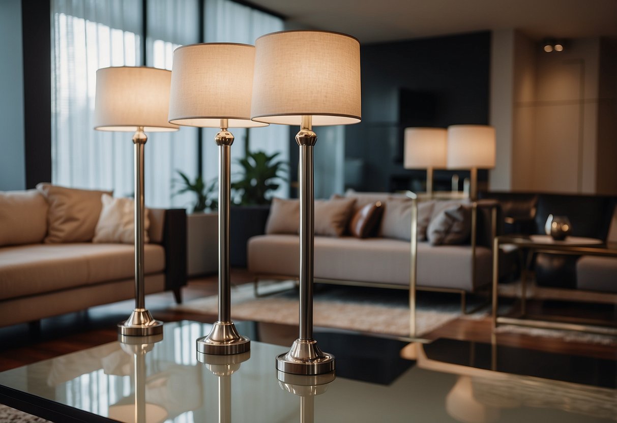 Two polished nickel floor lamps illuminate a modern living room with sleek home decor