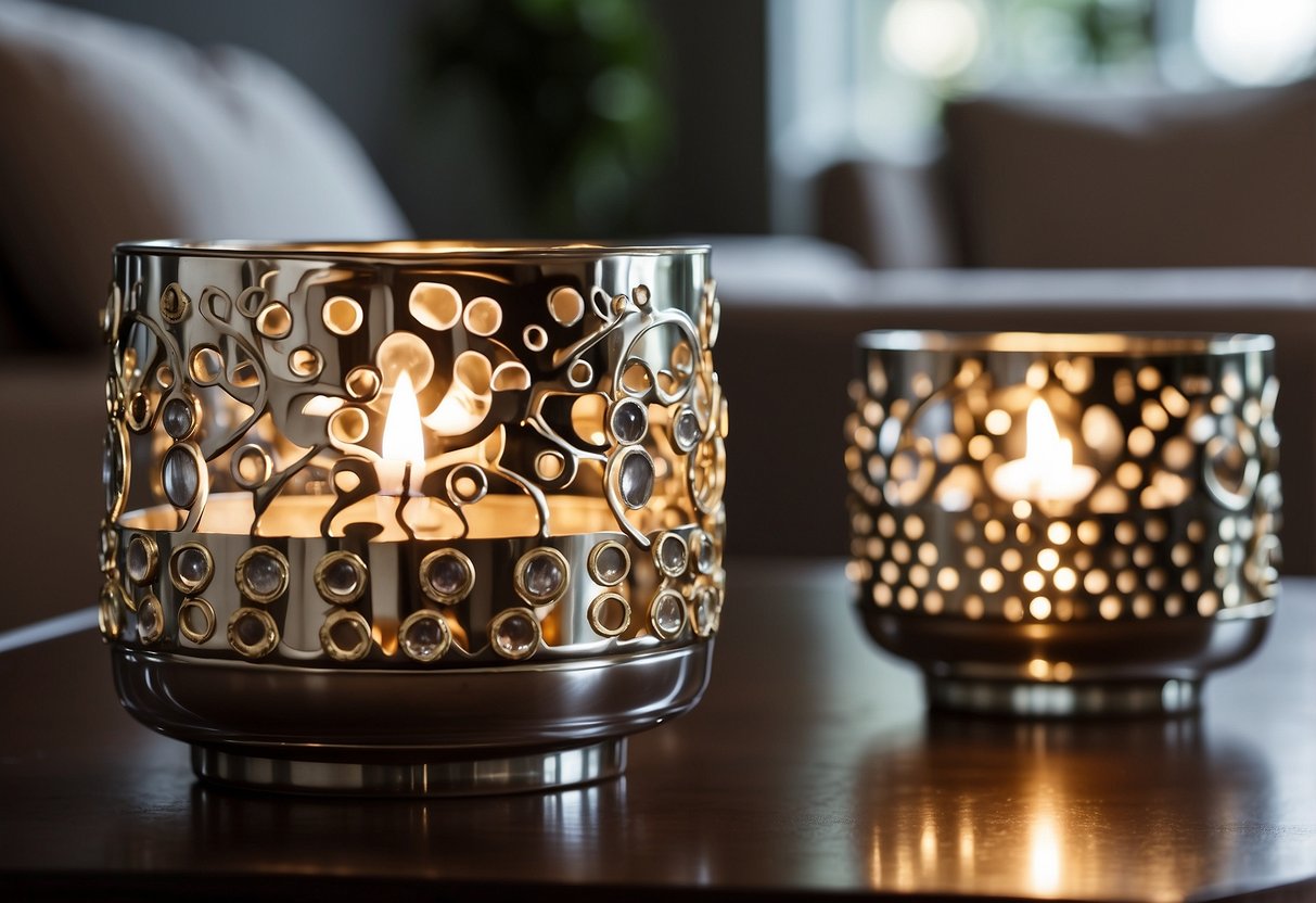 A table adorned with polished nickel candle holders, casting a warm glow in a modern home setting