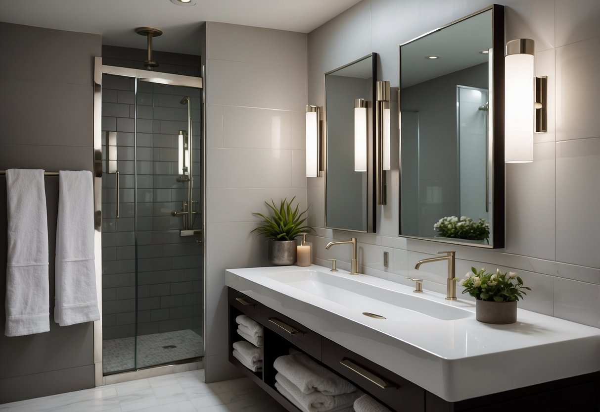 A sleek bathroom with polished nickel towel bars mounted on a clean, white tile wall. Subtle lighting highlights the metallic sheen, creating a modern and luxurious atmosphere