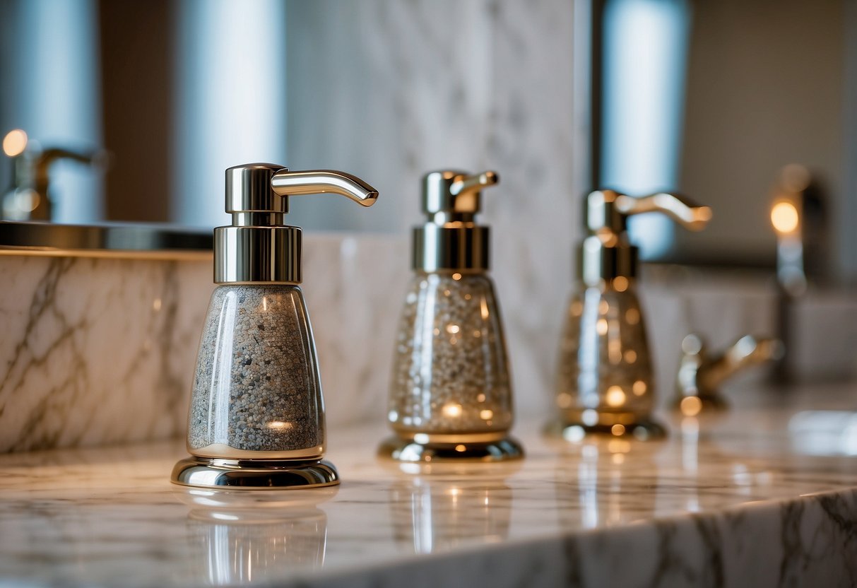 Two polished nickel soap dispensers sit on a marble countertop, reflecting the warm glow of the surrounding decor