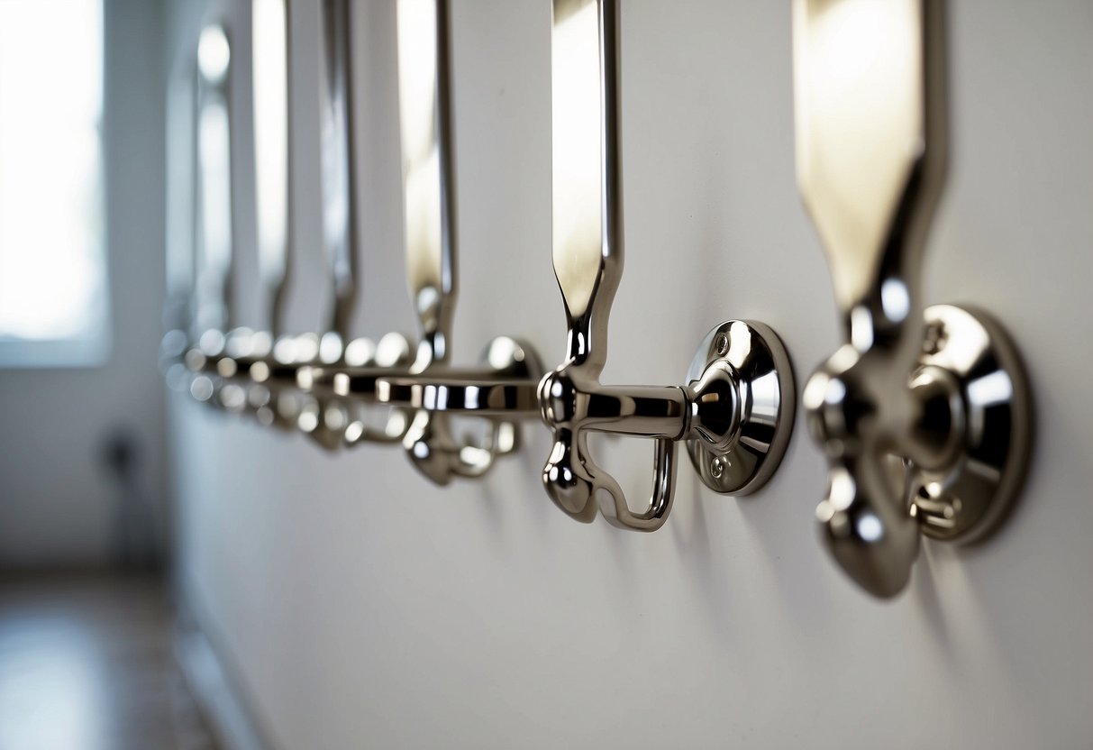 A row of polished nickel wall hooks hang against a white wall, reflecting the light and adding a touch of modern elegance to the space