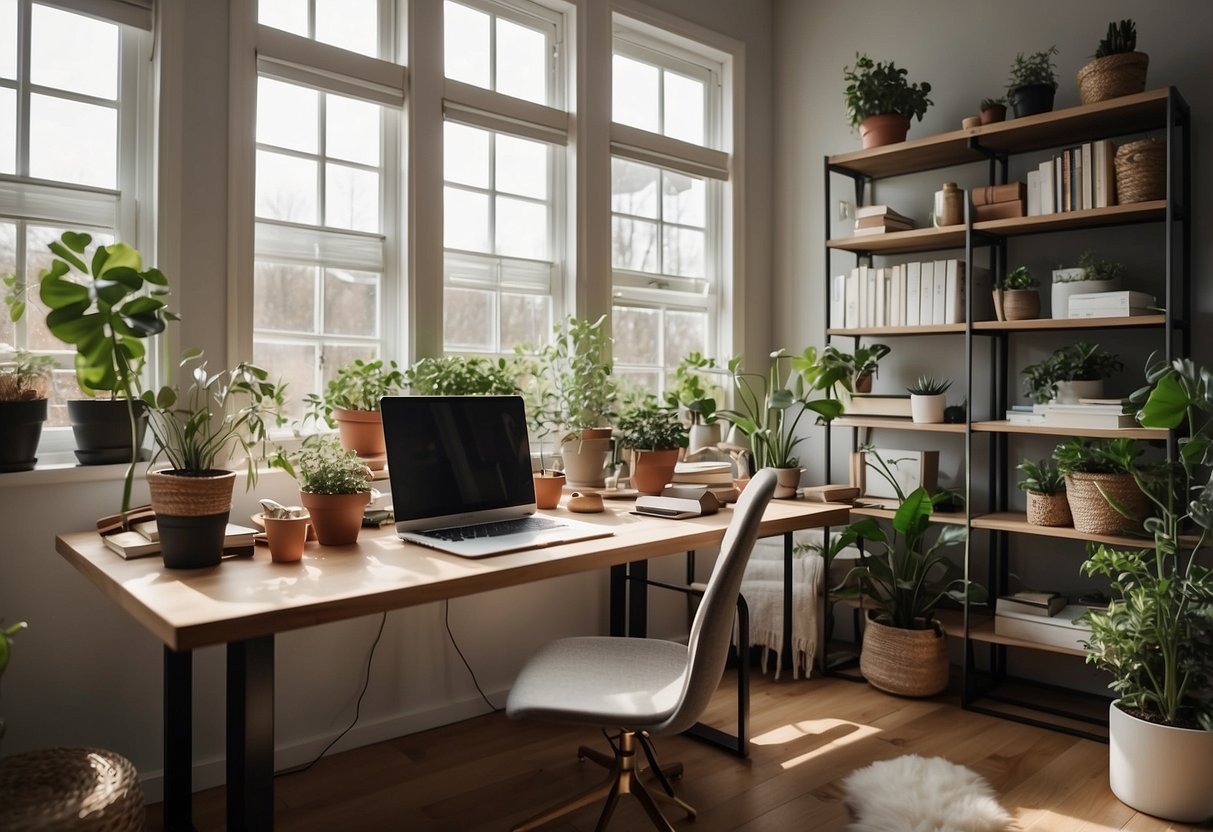 A cozy home office with a minimalist desk, ergonomic chair, and shelves filled with Scandinavian-inspired decor and plants. Natural light streams in through large windows, illuminating the space