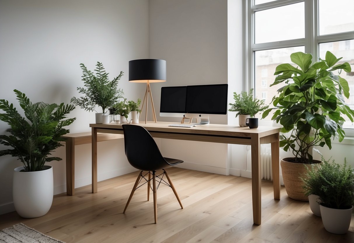 A sleek, minimalist home office with a Nordic plant box as a focal point. Clean lines, natural materials, and greenery create a serene and stylish workspace