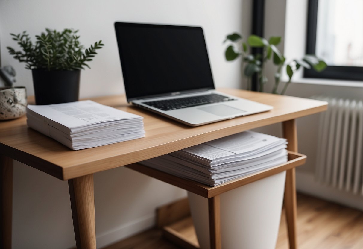 A wooden desk with a stack of papers, a paper bin, and a minimalist Nordic decor in a home office setting