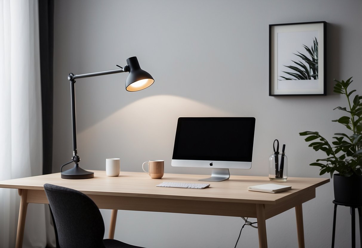 A sleek Normann Copenhagen work lamp illuminates a minimalist Nordic home office with clean lines and modern decor