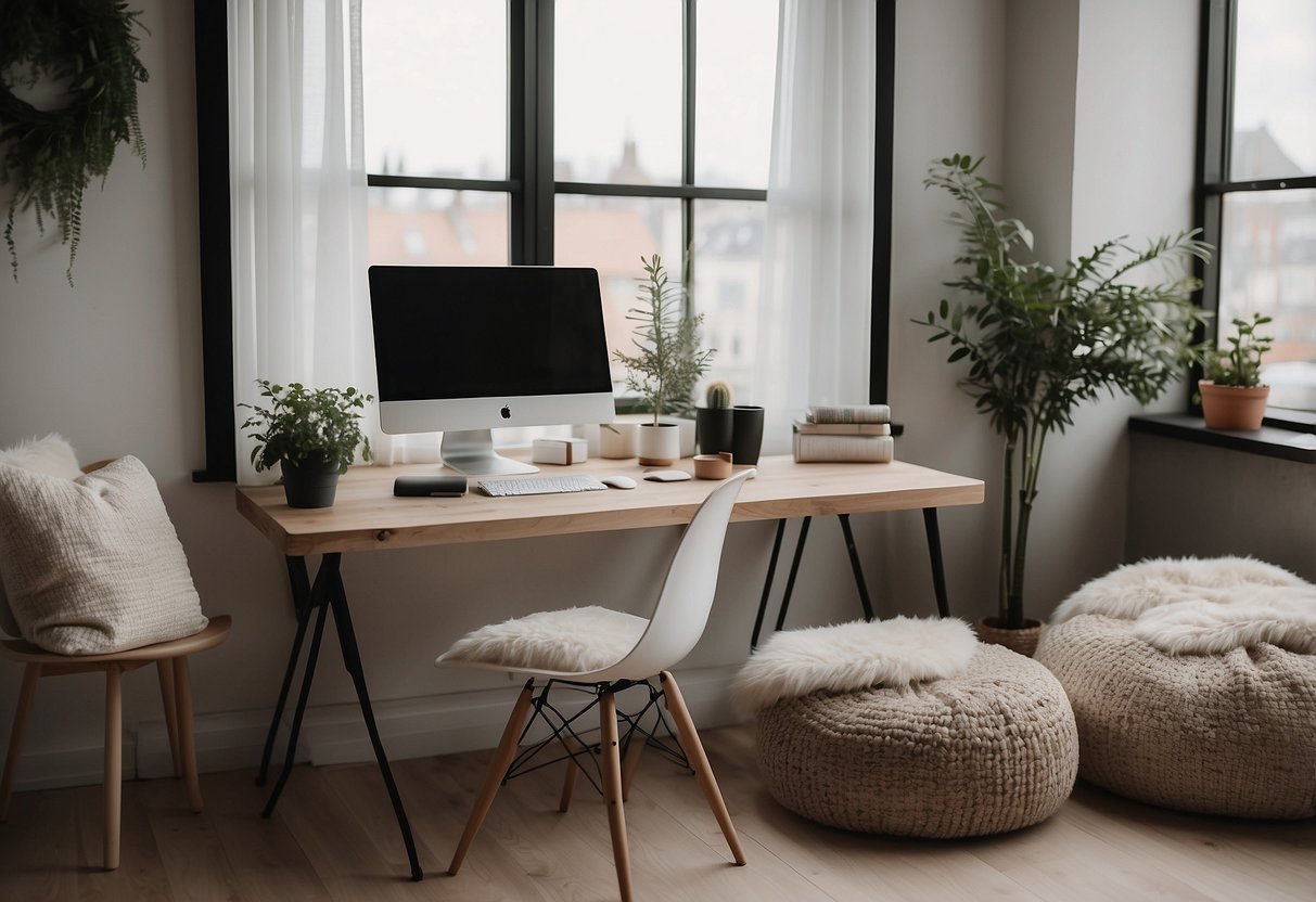 A cozy home office with H&M linen cushions, a Nordic color palette, and minimalist decor