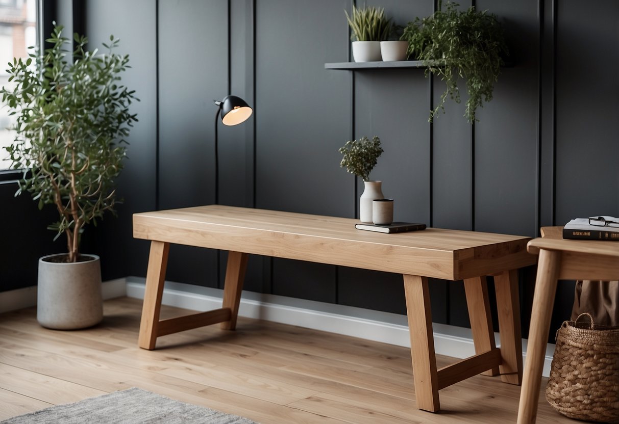 A sleek Skagerak Cutter Bench sits in a minimalist Nordic home office, surrounded by clean lines and natural materials