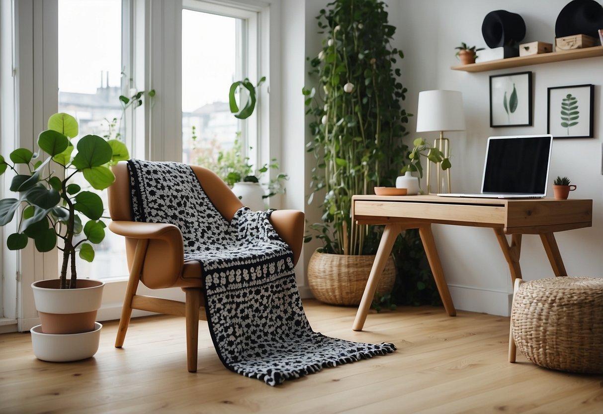 A cozy home office with a Marimekko Unikko blanket draped over a chair, surrounded by Nordic decor and greenery