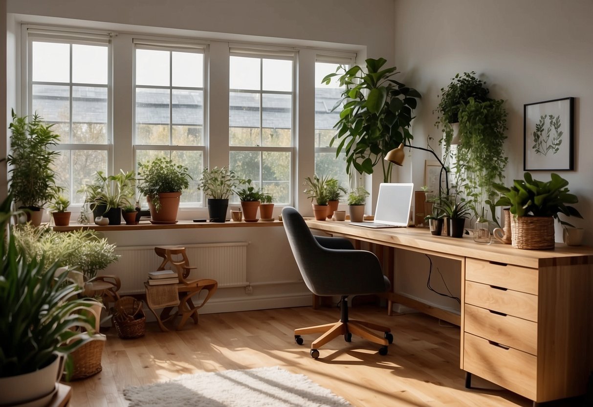 A cozy home office with wooden furniture, soft lighting, and Nordic-inspired decor. A large window lets in natural light, and a potted plant adds a touch of greenery