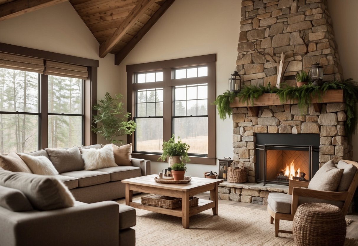 A cozy living room with rustic wooden furniture, soft earth-tone colors, and accents of greenery. A large window lets in natural light, and a fireplace adds warmth to the space