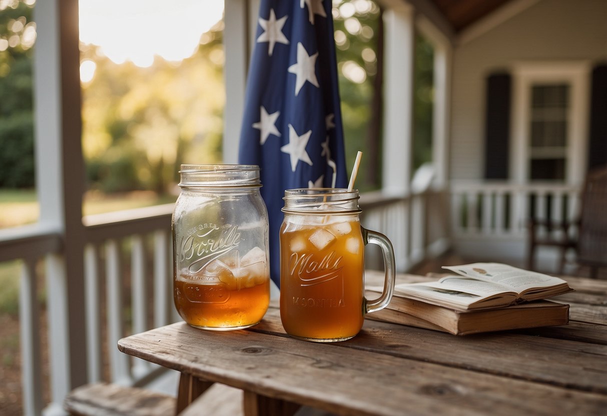 A cozy North Carolina home with a porch swing, mason jar glasses of sweet tea, and a print of the state flag on the wall