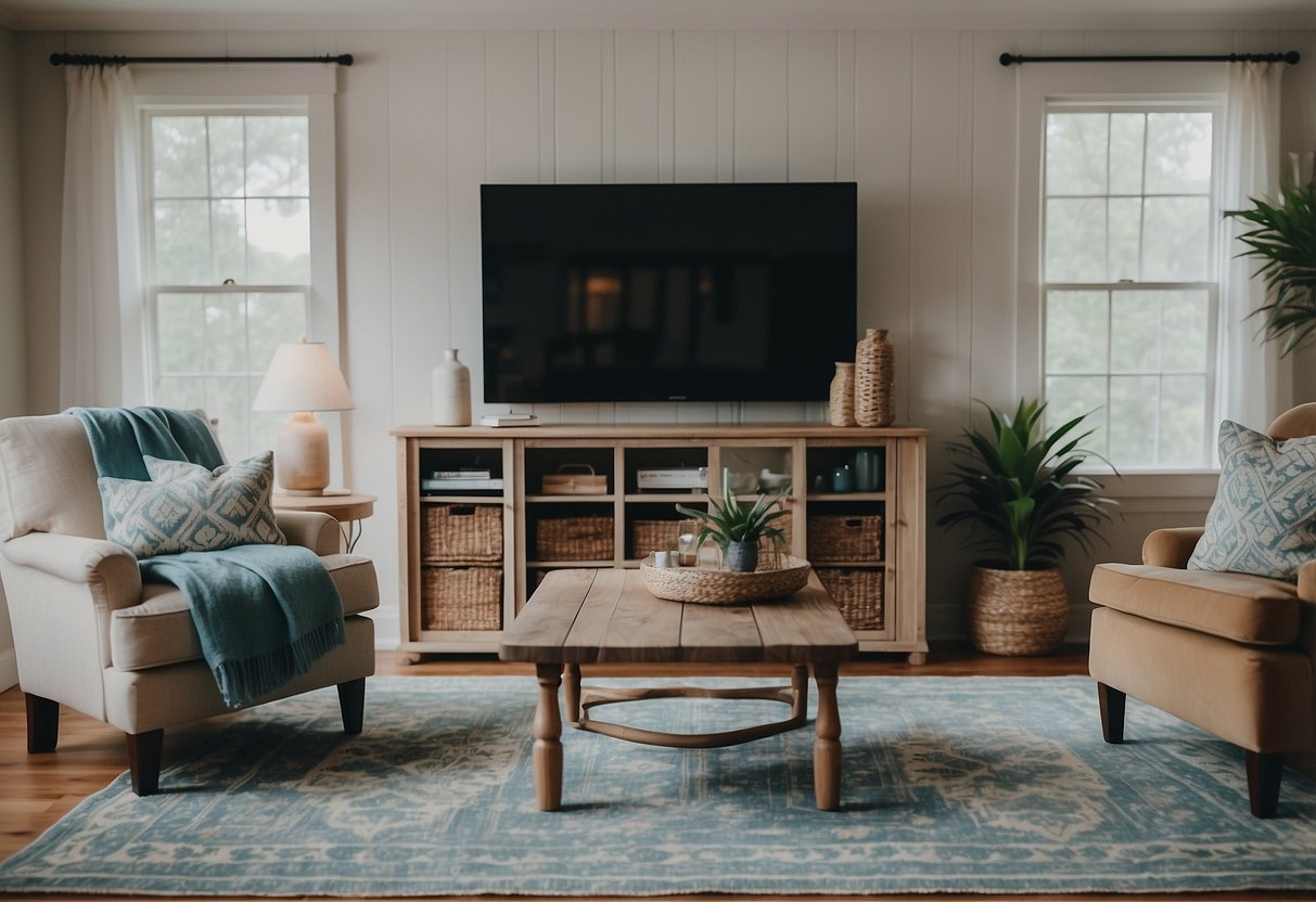 A cozy living room with a Coastal Carolina rug as the centerpiece, surrounded by North Carolina themed home decor