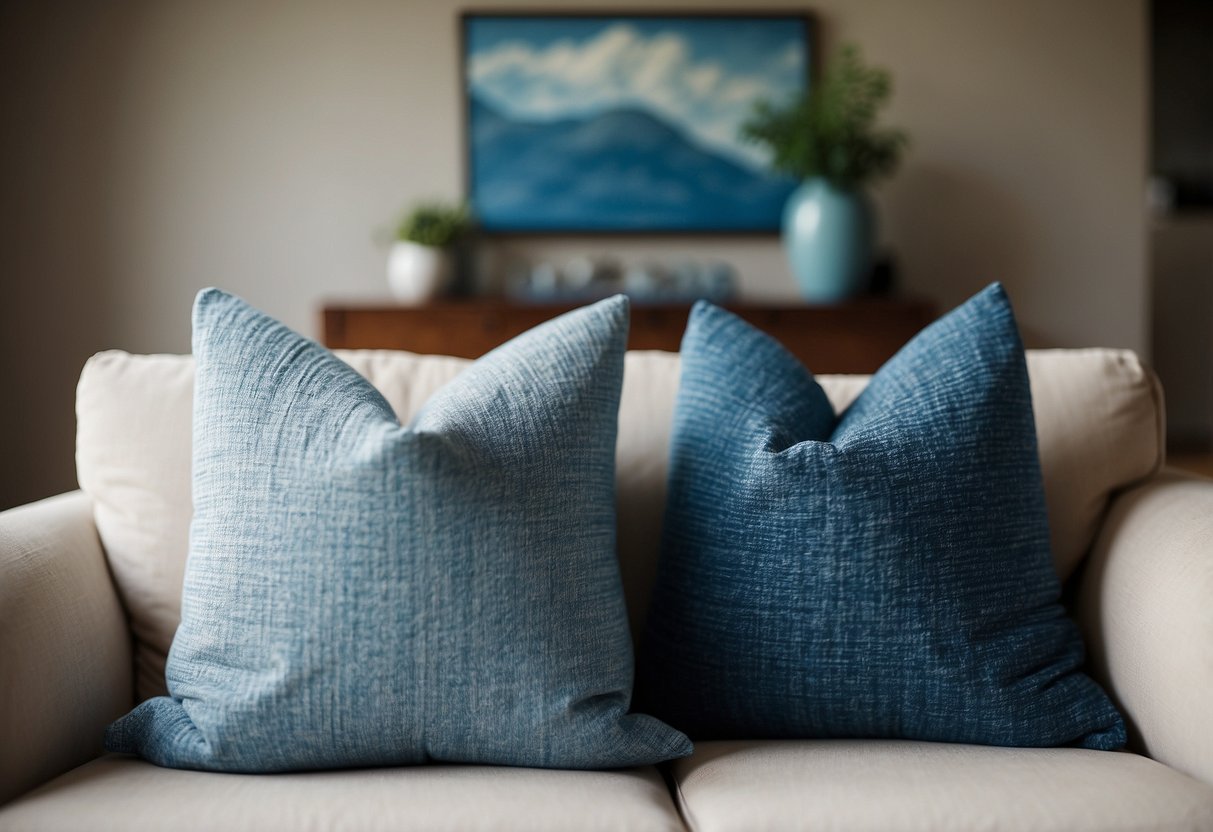 Tar Heel Blue accent pillows arranged on a cozy couch in a North Carolina themed living room