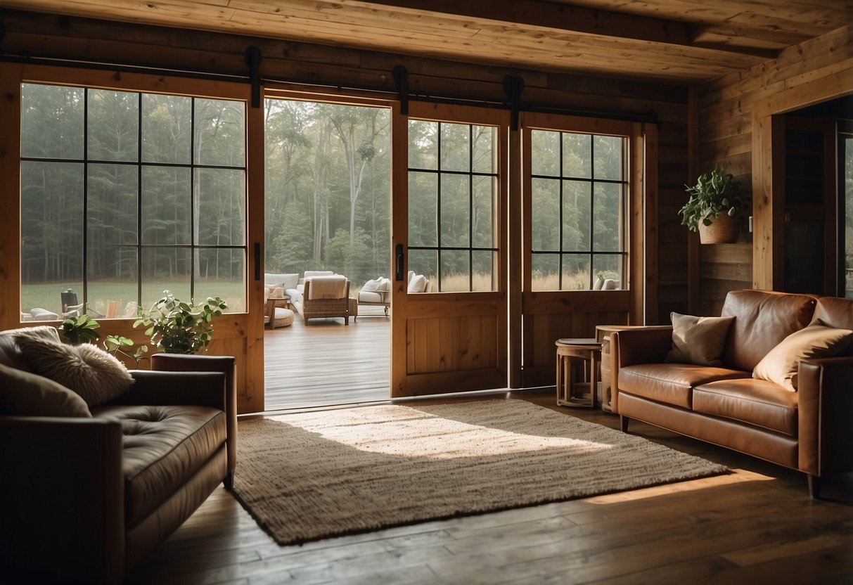 A rustic barn door slides open to reveal a cozy living space in a North Carolina home