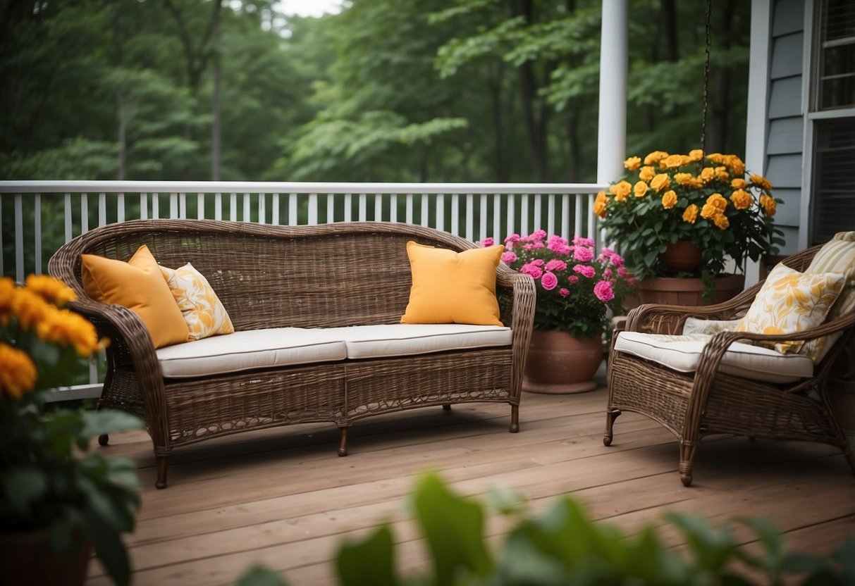 A cozy wicker patio set sits on a North Carolina porch, surrounded by lush greenery and colorful flowers. A warm, inviting atmosphere perfect for outdoor relaxation and entertaining